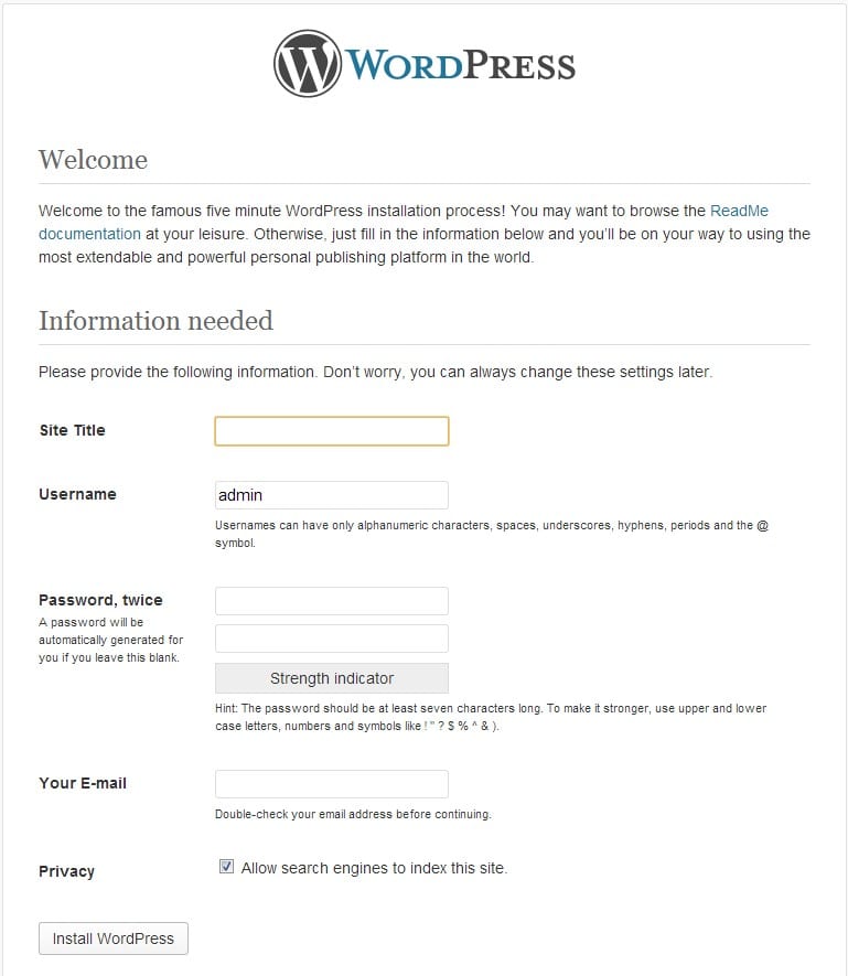 Wordpress pantalla inicial