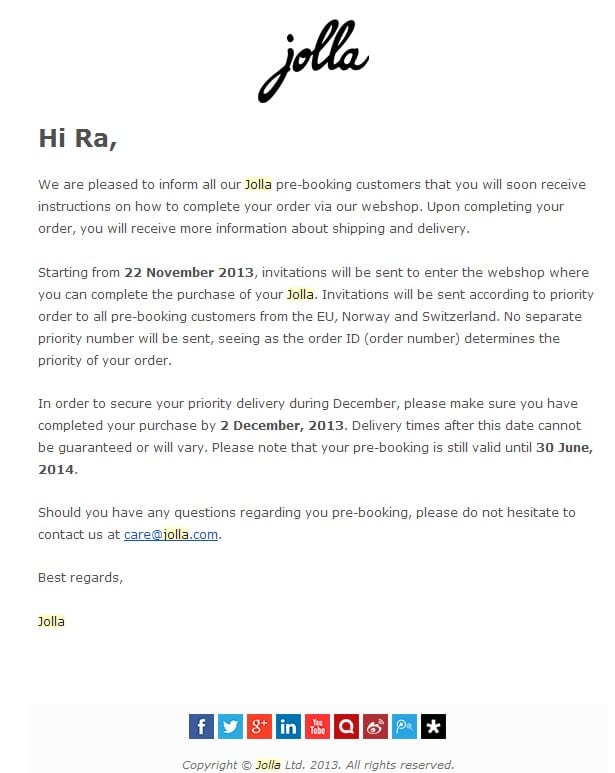 Update on your Jolla pre-booking